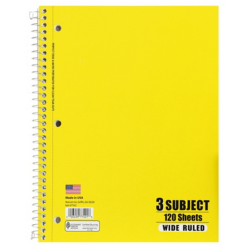 Norcom 3-Subject Wide Ruled Spiral Notebook