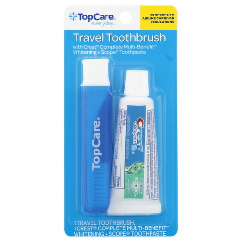 TopCare Travel Toothbrush with Crest Complete Multi-Benefit Whitening + Scope Toothpaste