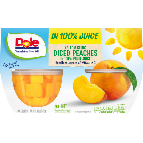 Dole Fruit Bowls Yellow Cling Diced Peaches in 100% Fruit Juice