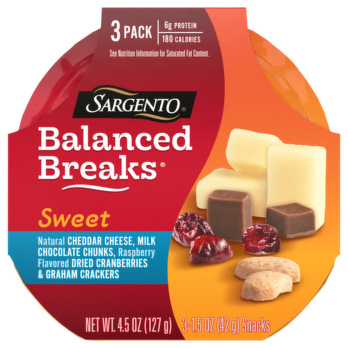 Sargento Sweet Balanced Breaks Natural Cheddar Cheese with Chocolate Chunks, Raspberry Flavored Dried Cranberries & Graham Crackers