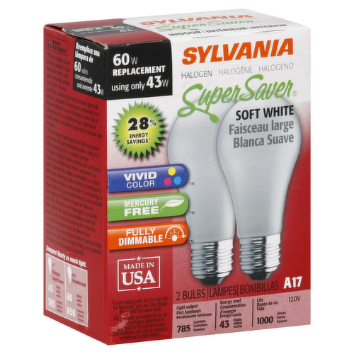 Sylvania 43W 120V A-Shape Soft White Halogen Light Bulbs