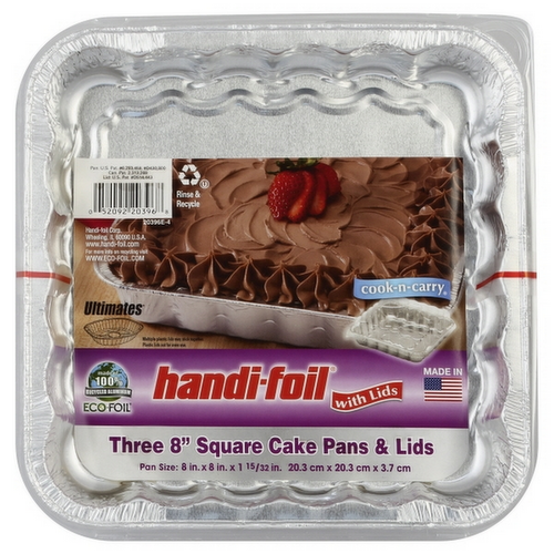 Handi-Foil Three Square Cake Pans & Lids 8 Inch