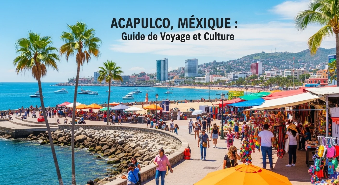Paisaje mexicano moderno con elementos culturales y turísticos sobre Acapulco