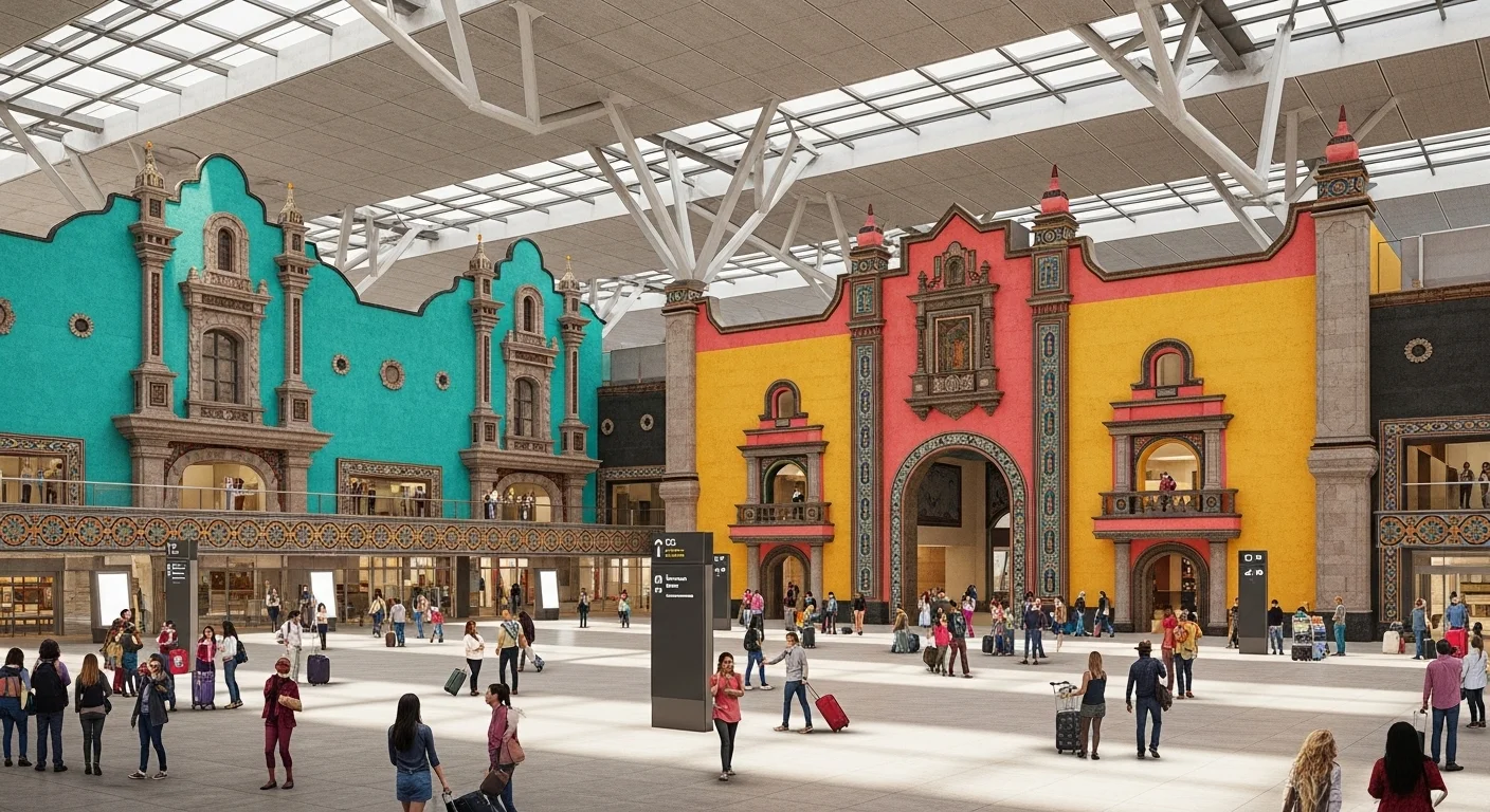 Paysaje mexicano moderno con elementos culturales y turísticos sobre Aéroport