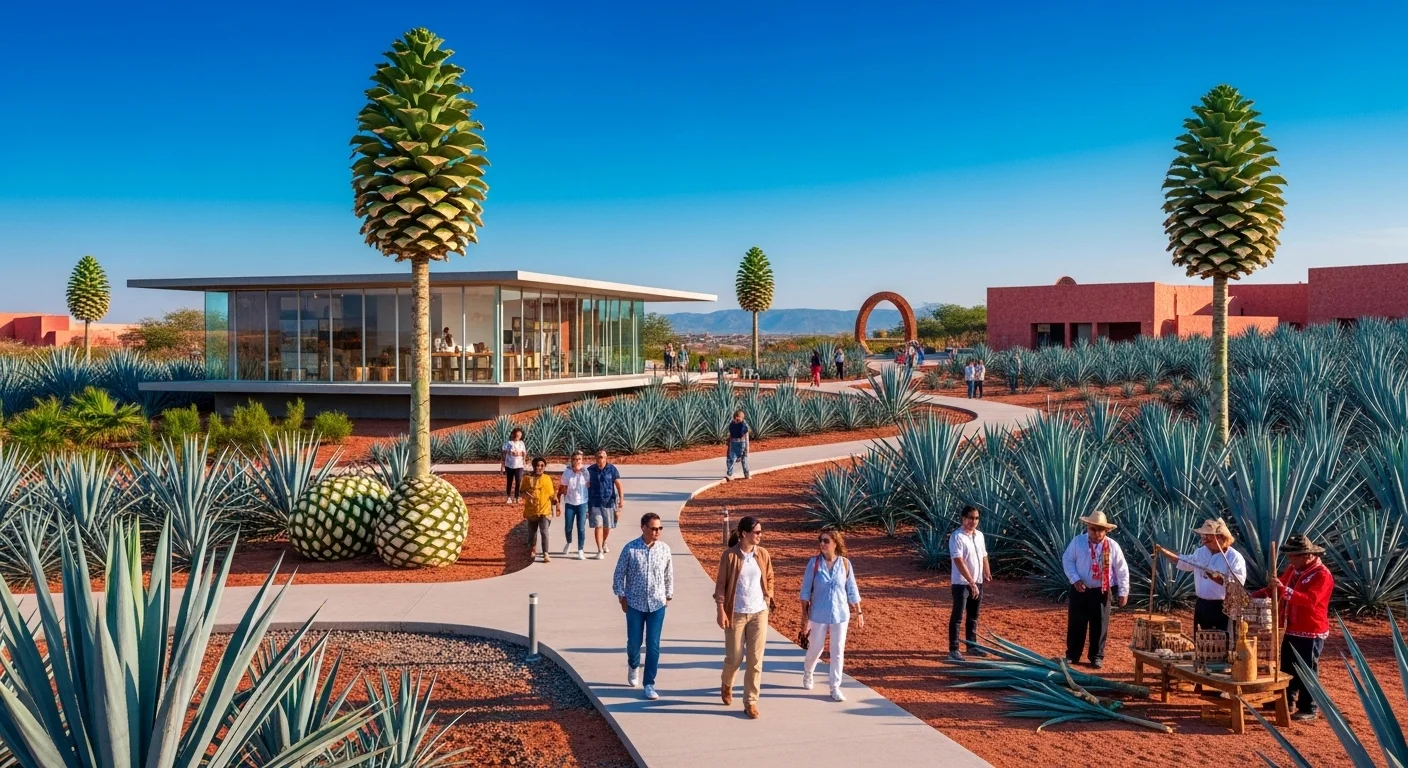 Paisaje mexicano moderno con elementos culturales y turísticos sobre Agave