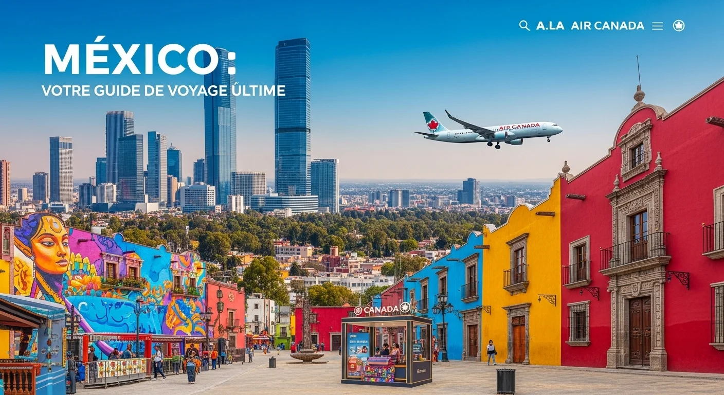 Paisaje mexicano moderno con elementos culturales y turísticos sobre Air Canada
