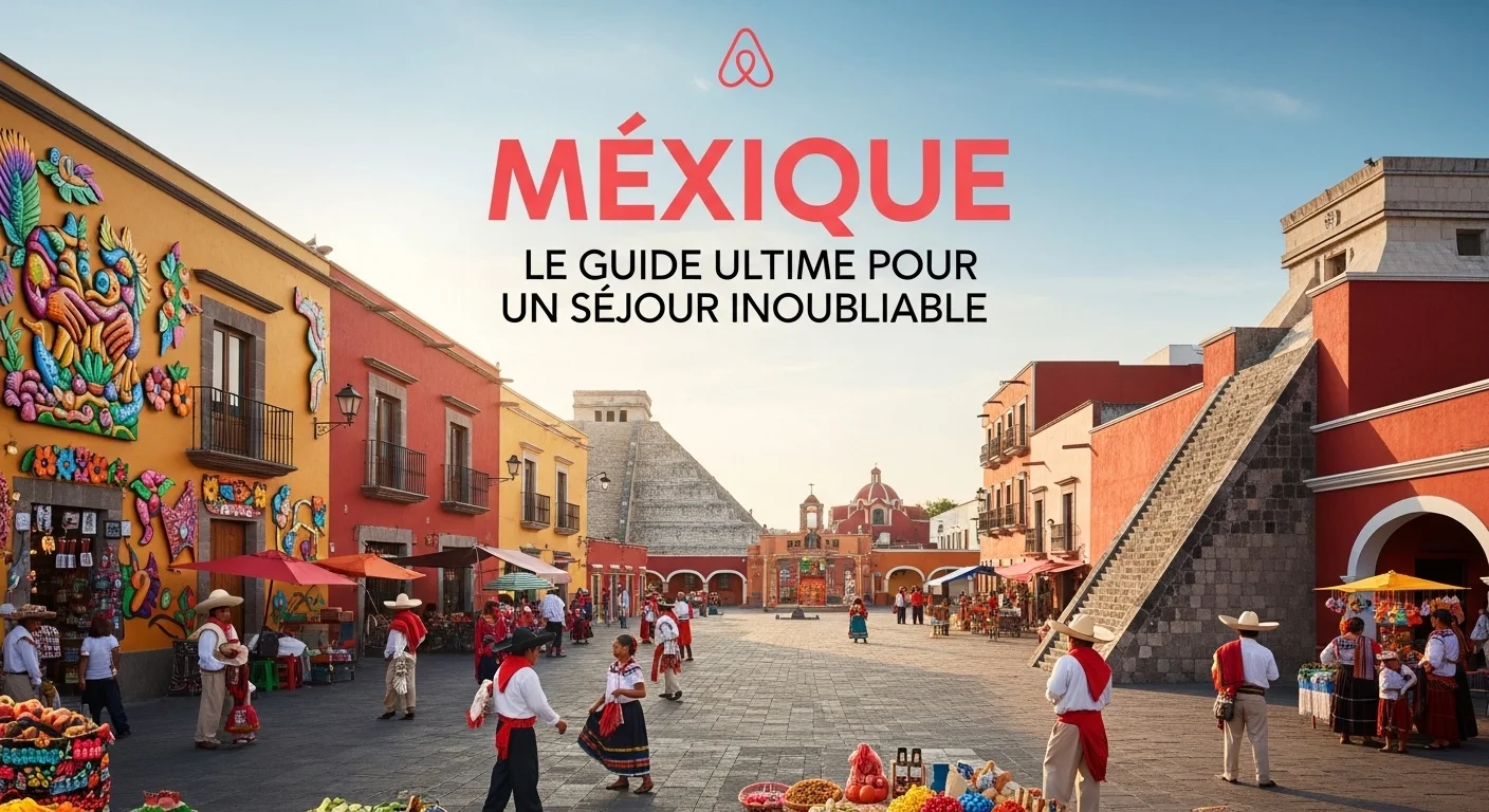 Paisaje mexicano moderno con elementos culturales y turísticos sobre Airbnb