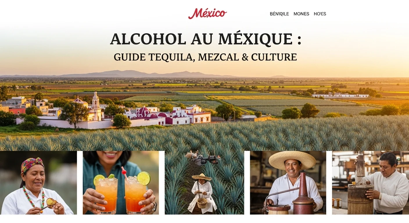 Paysage mexicain moderne avec des champs d'agave et des éléments culturels liés à l'alcool