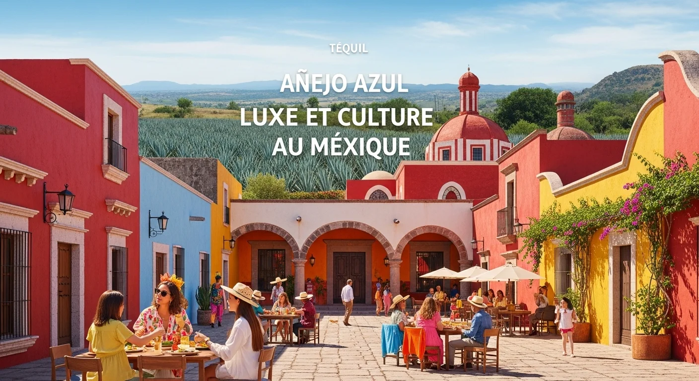 Paisaje mexicano moderno con elementos culturales y turísticos sobre Añejo Azul Clas Tequil
