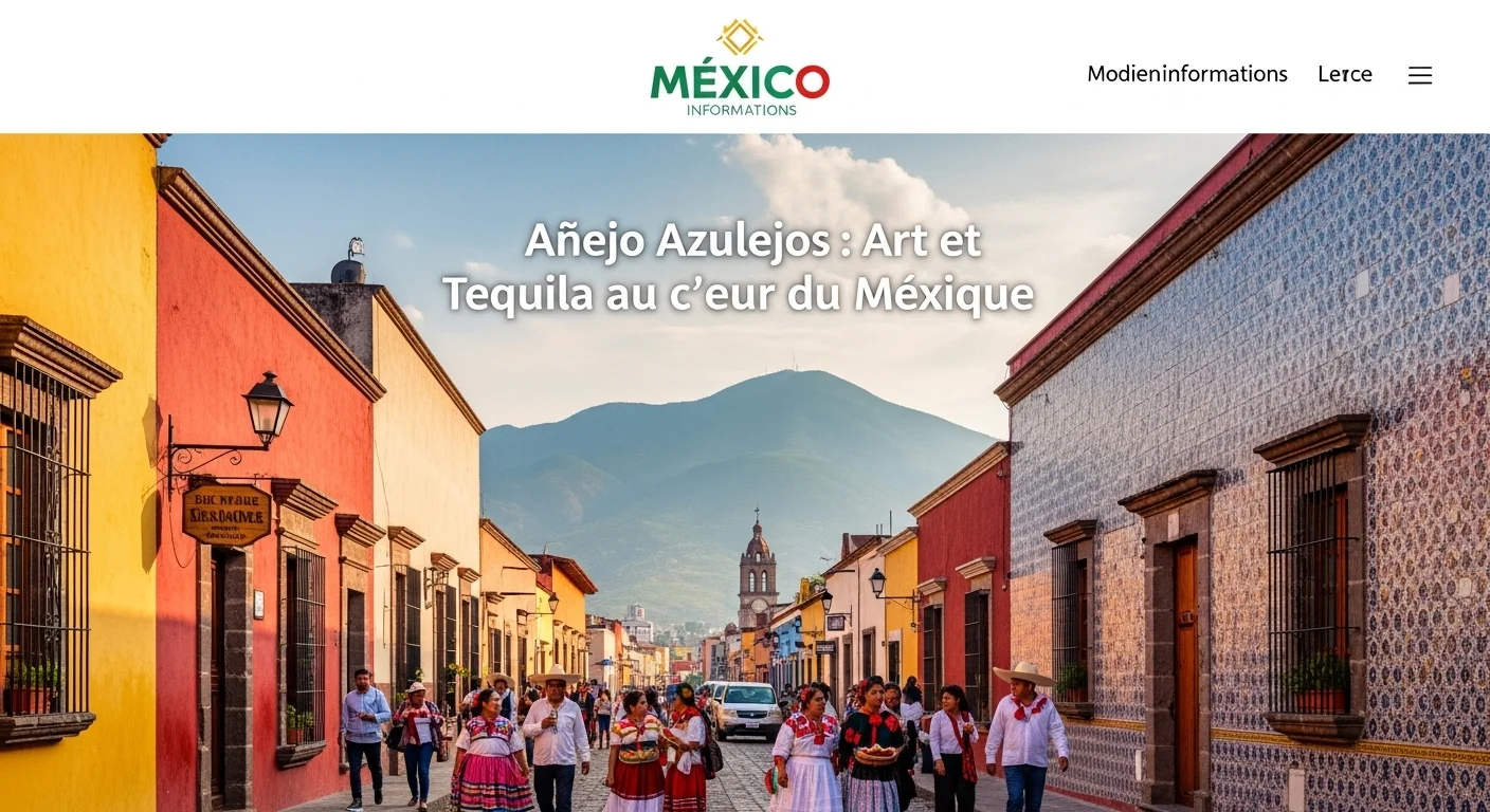 Paisaje mexicano moderno con elementos culturales y turísticos sobre Añejo Azulejos