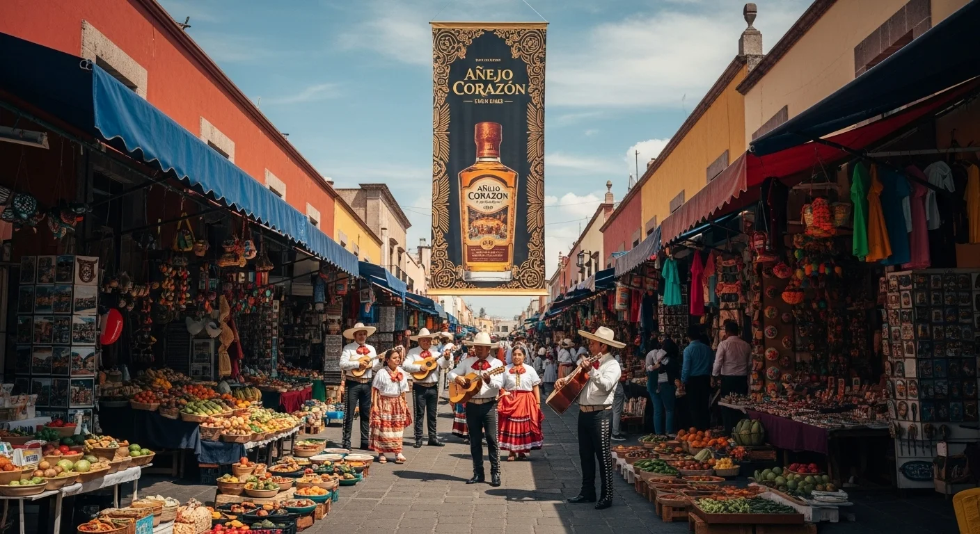 Paisaje mexicano moderno con elementos culturales y turísticos sobre Añejo Corazon