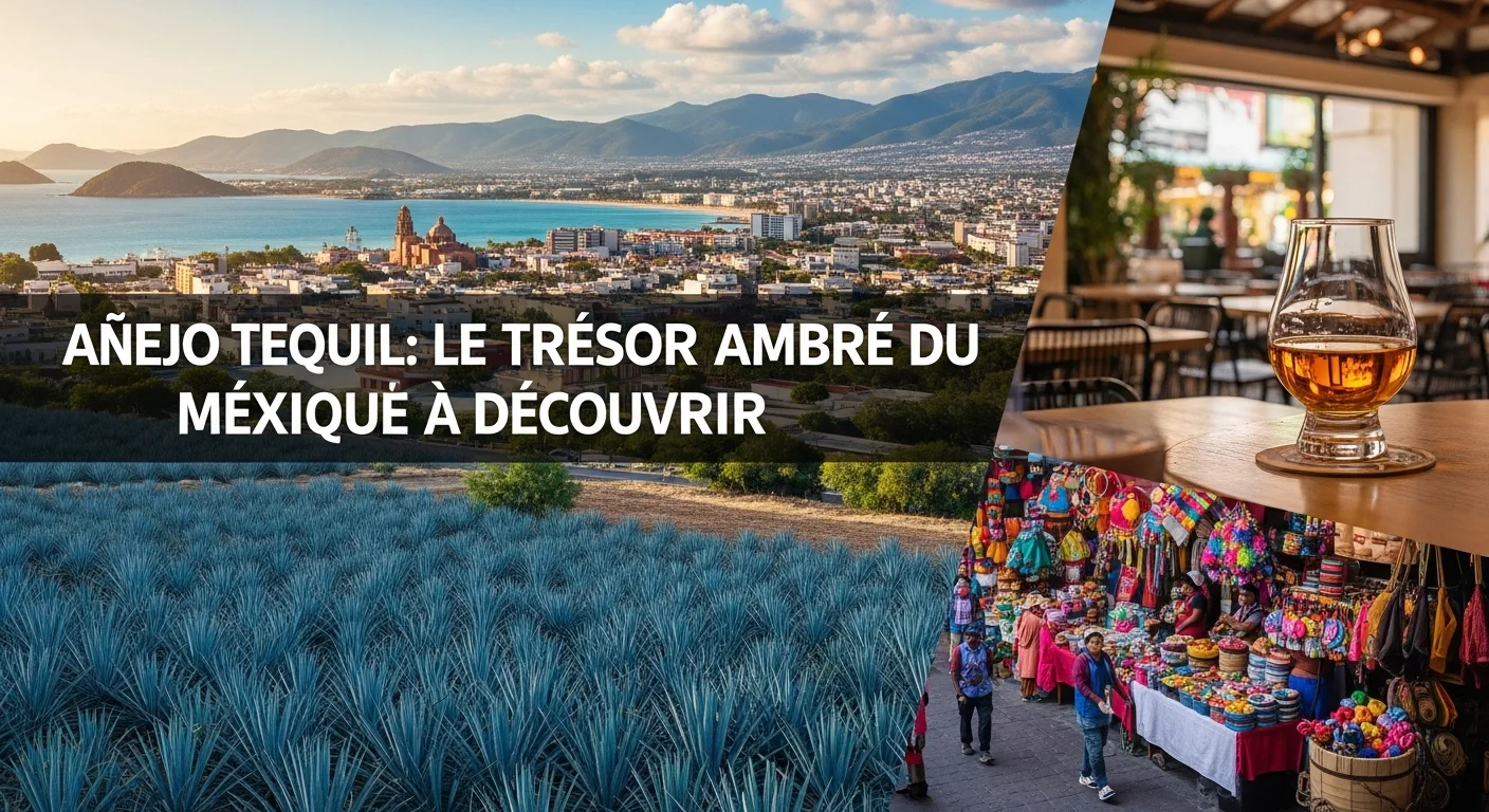 Paisaje mexicano moderno con elementos culturales y turísticos sobre Añejo Tequil