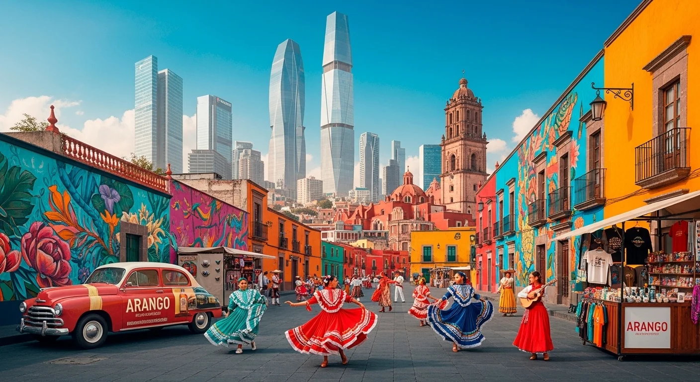 Paysaje mexicano moderno con elementos culturales y turísticos sobre Arango