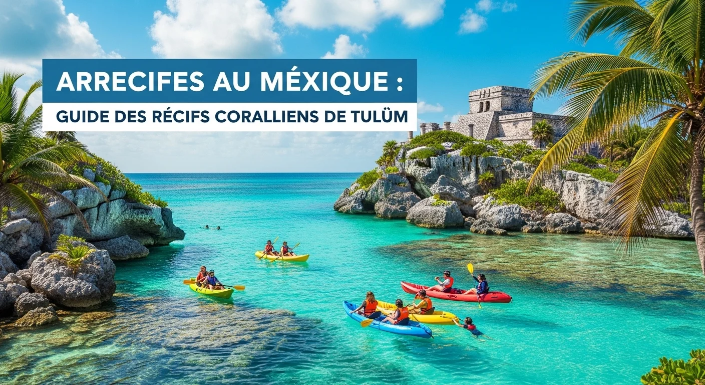 Paysaje mexicano moderno con elementos culturales y turísticos sobre Arrecifes