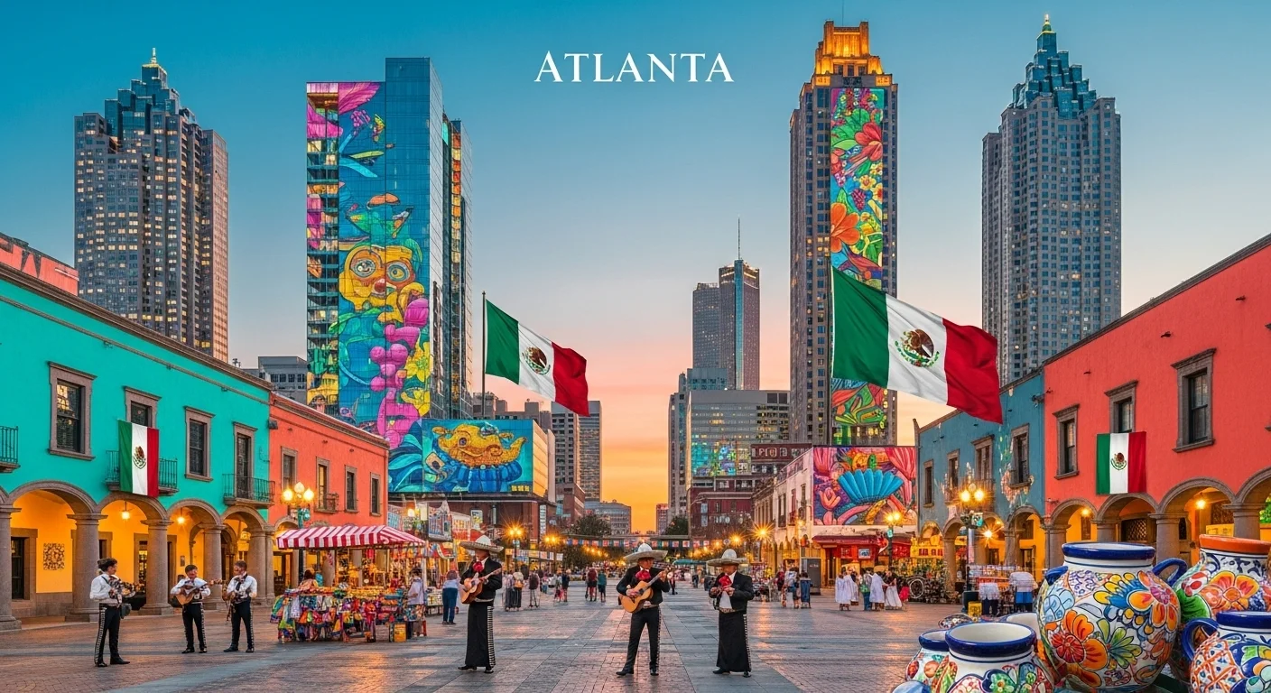 Paisaje mexicano moderno con elementos culturales y turísticos sobre Atlanta