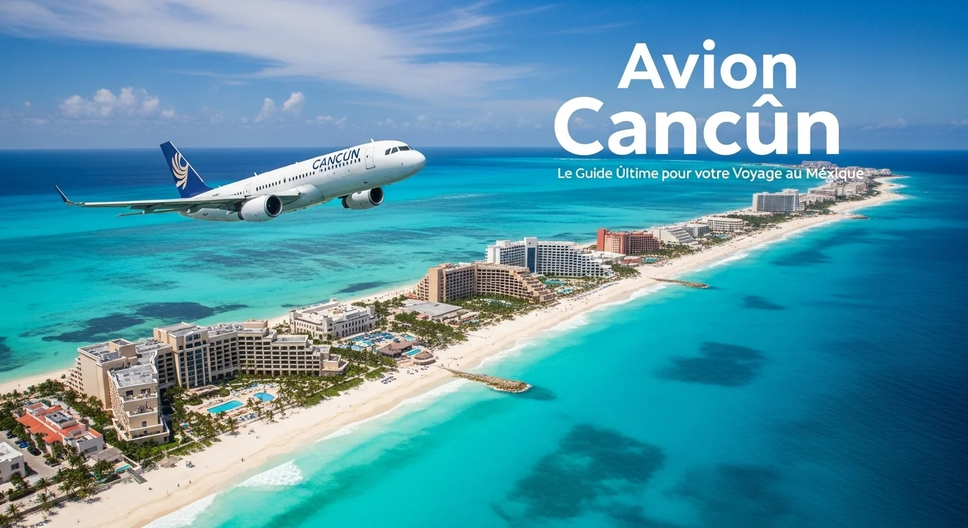Avion survolant la côte de Cancun, Mexique, avec des eaux turquoise et des hôtels de luxe visibles.