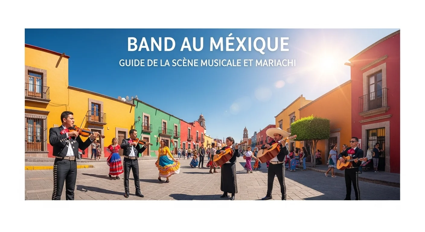 Paysage mexicain moderne avec des éléments culturels et touristiques sur le thème des 'Band' musicaux