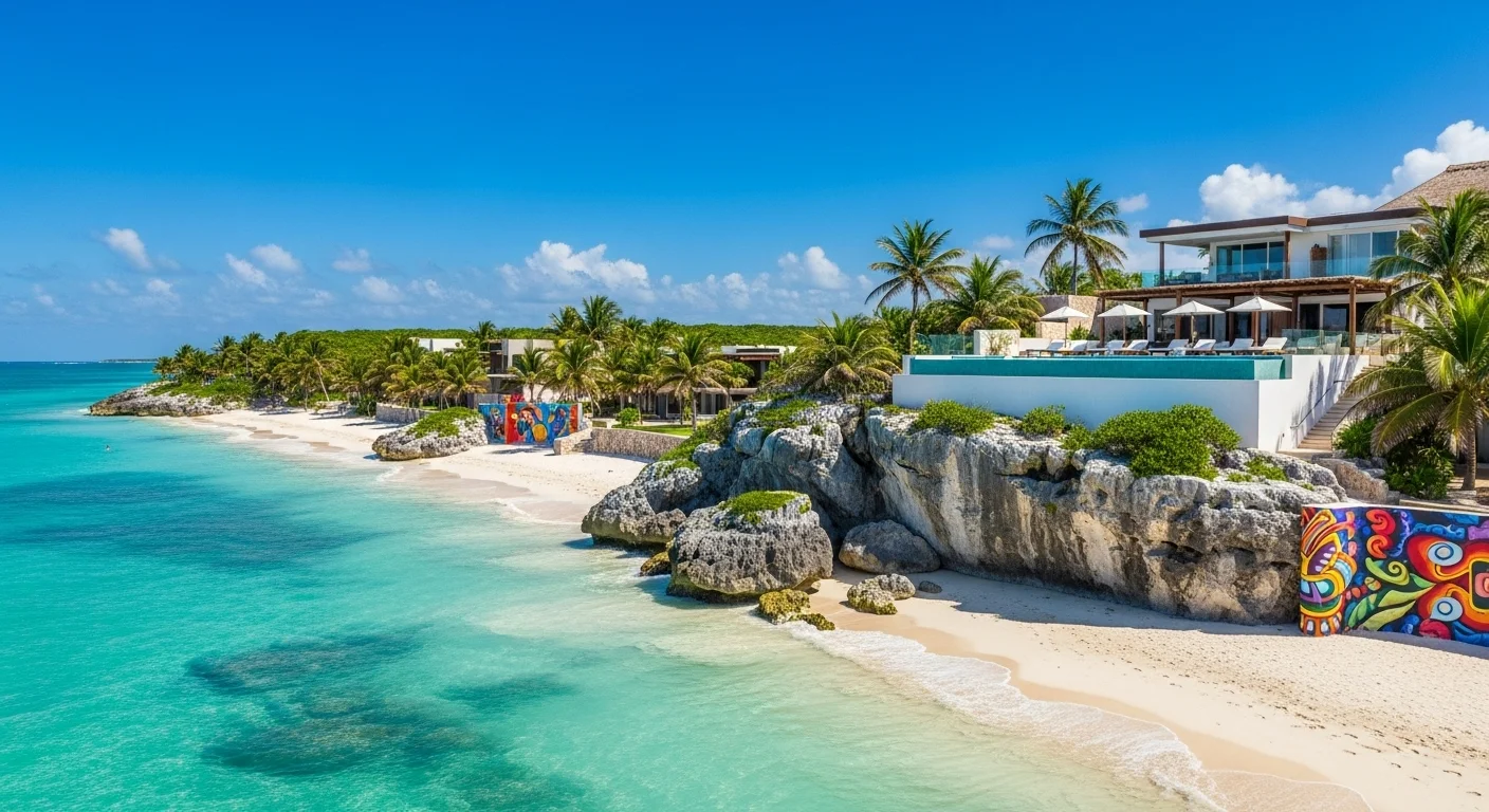 Paisaje mexicano moderno con elementos culturales y turísticos sobre Beach Hotel