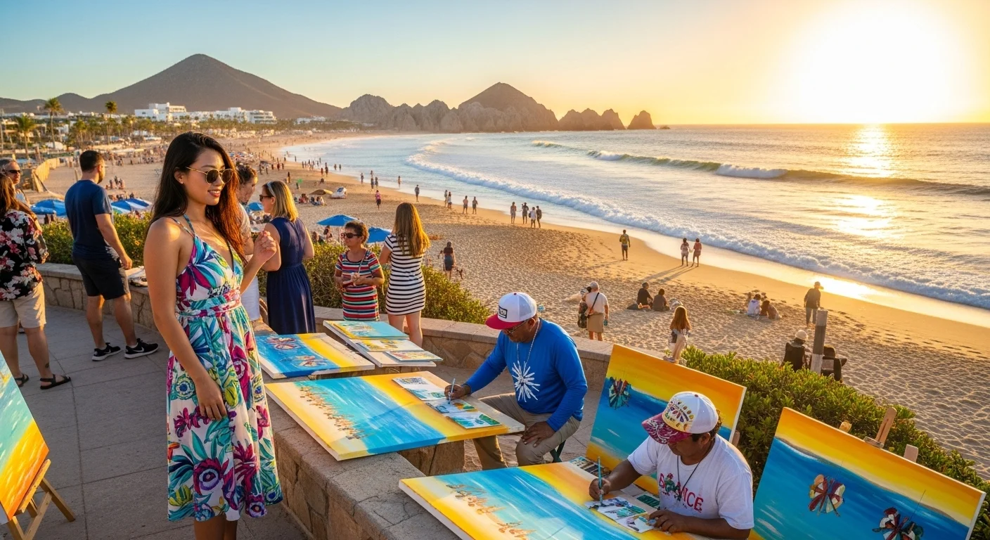 Paisaje mexicano moderno con elementos culturales y turísticos sobre Beach Los