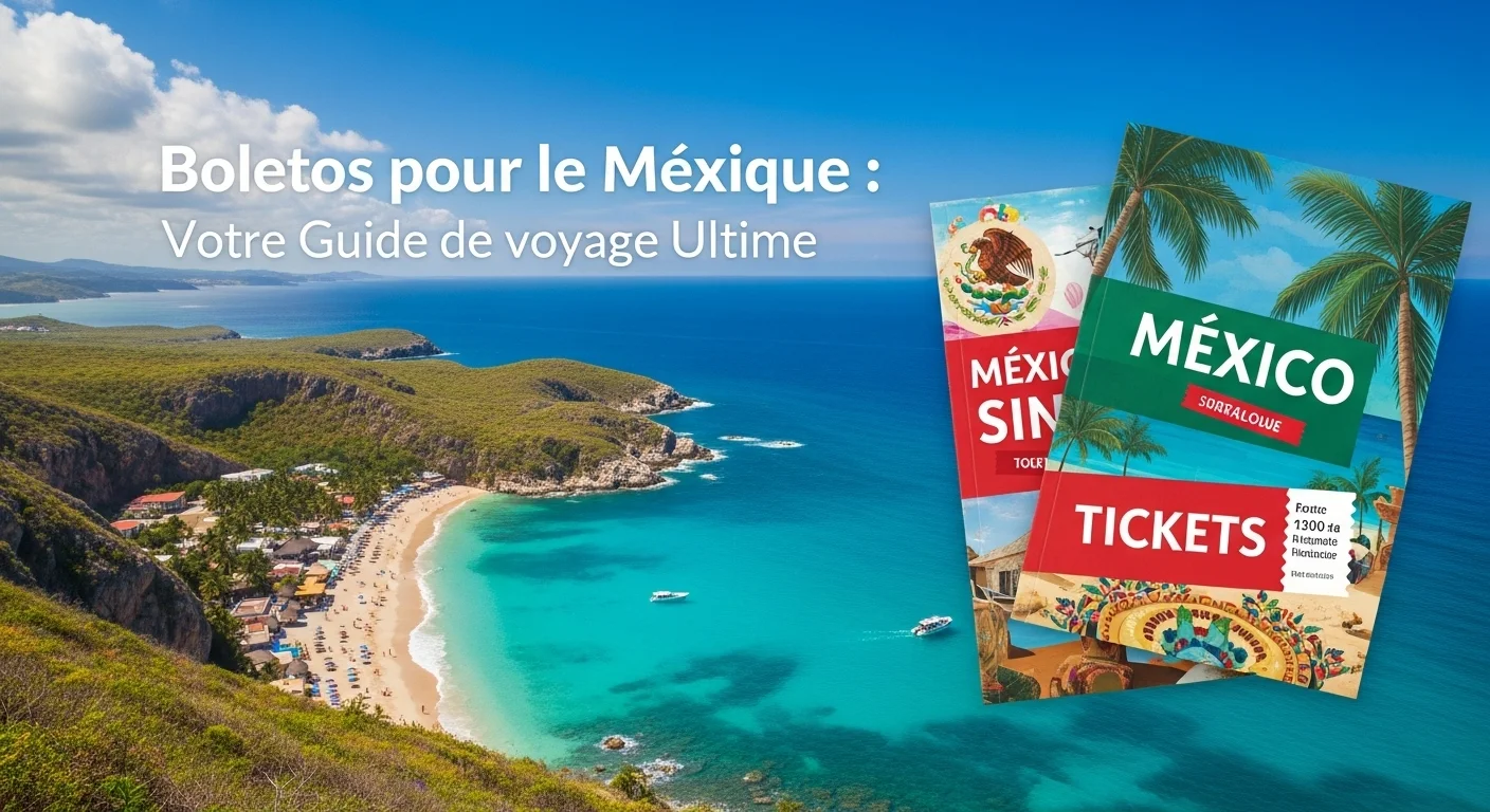 Paisaje mexicano moderno con elementos culturales y turísticos sobre Boletos