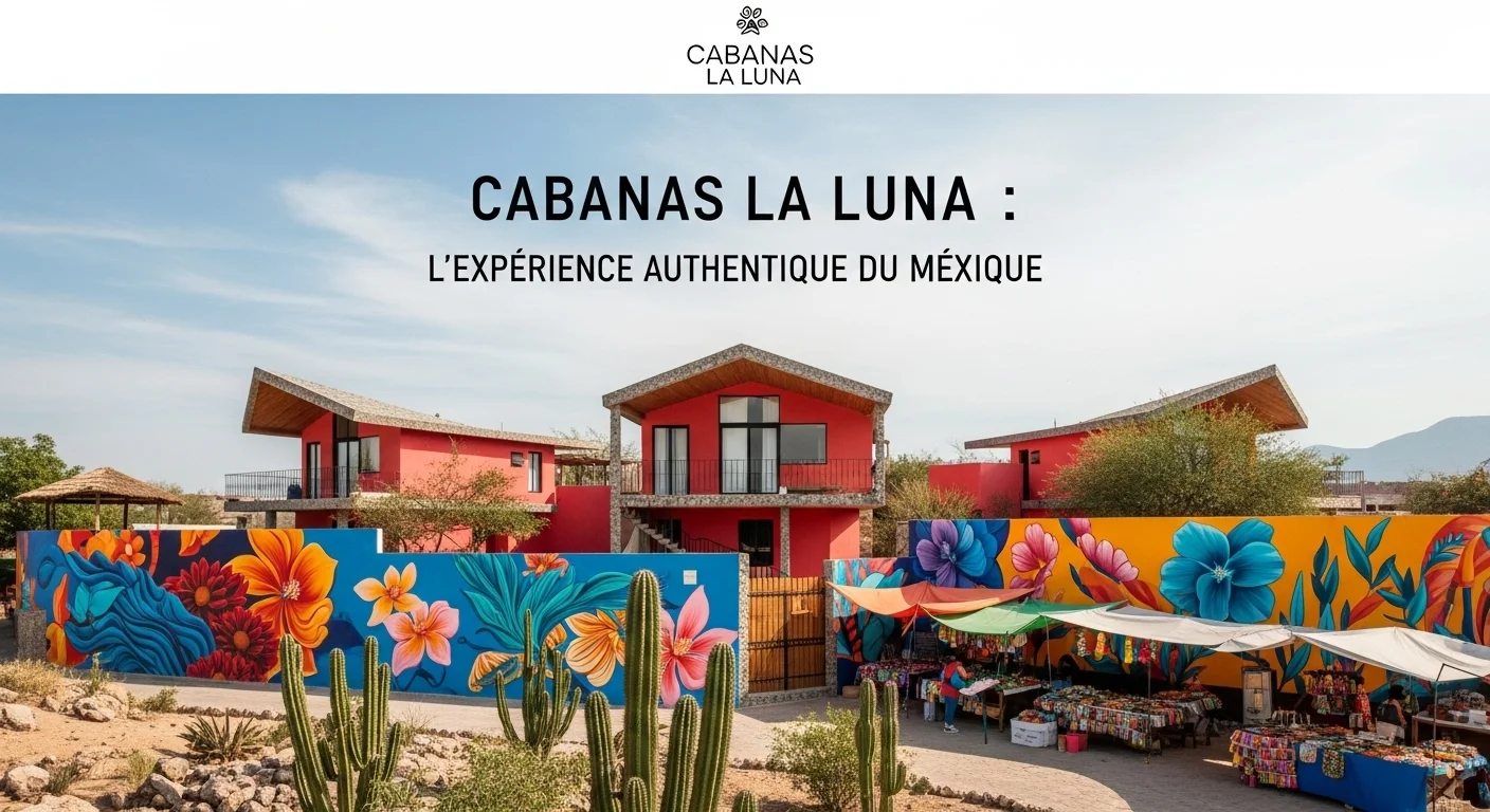 Paisaje mexicano moderno con elementos culturales y turísticos sobre Cabanas La Luna