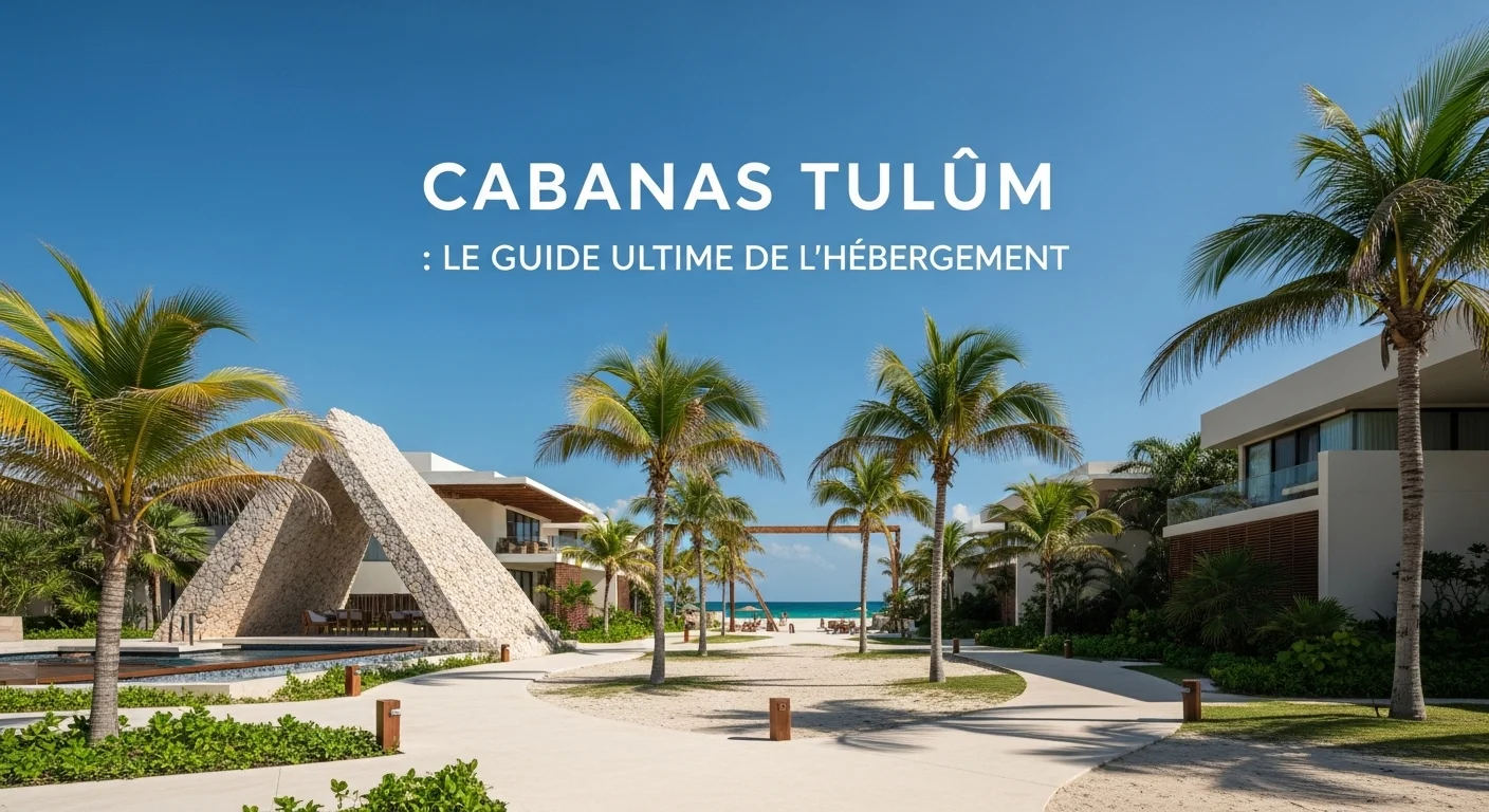 Paisaje mexicano moderno con elementos culturales y turísticos sobre Cabanas Tulum