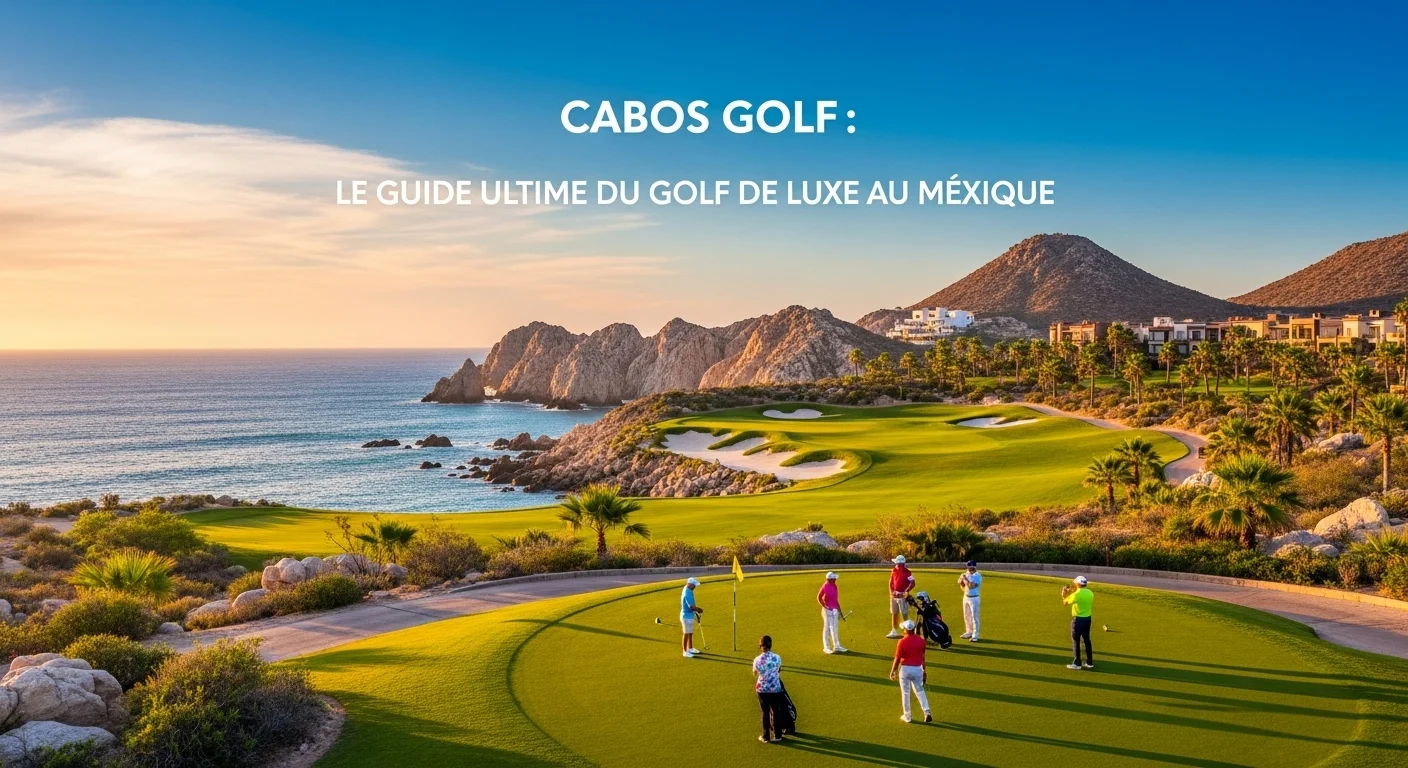 Paisaje mexicano moderno con elementos culturales y turísticos sobre Cabos Golf