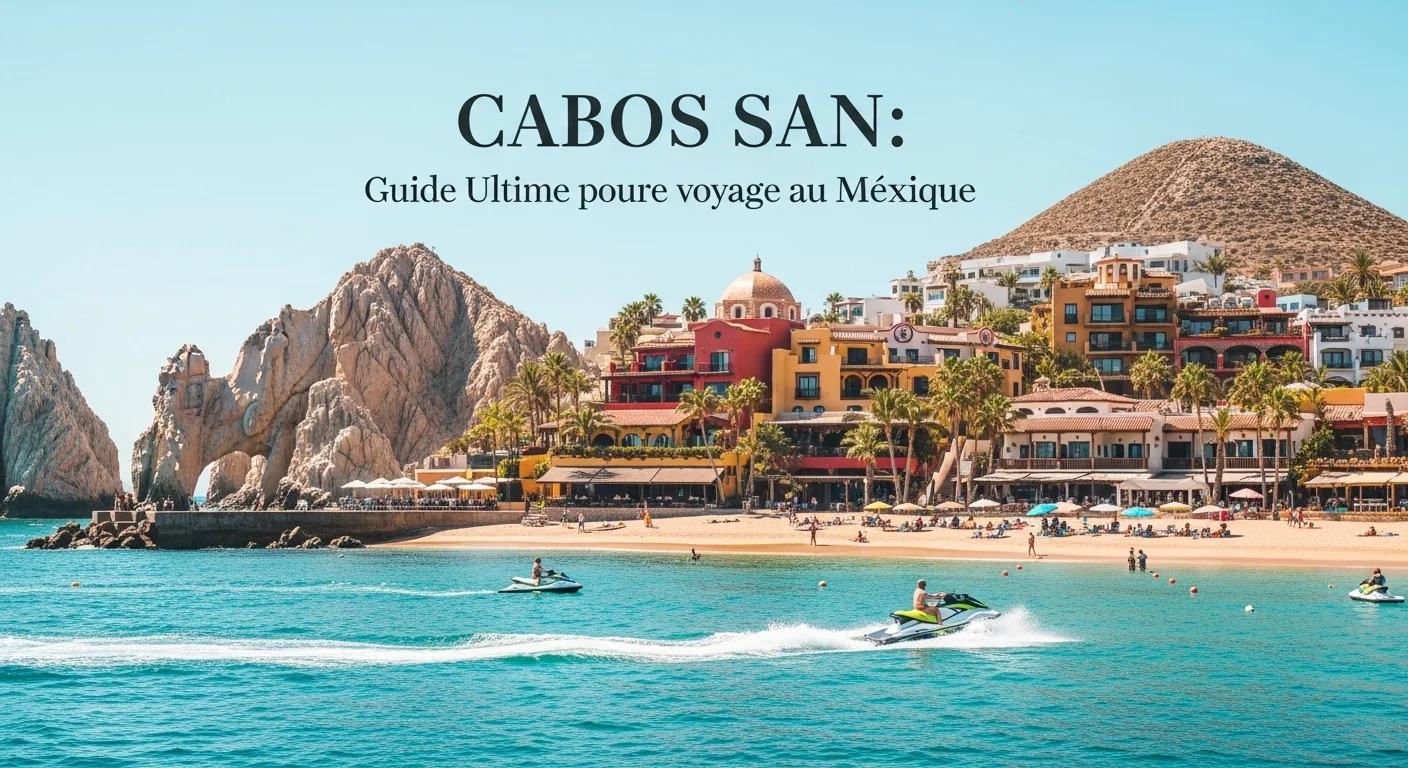 Paisaje mexicano moderno con elementos culturales y turísticos sobre Cabos San