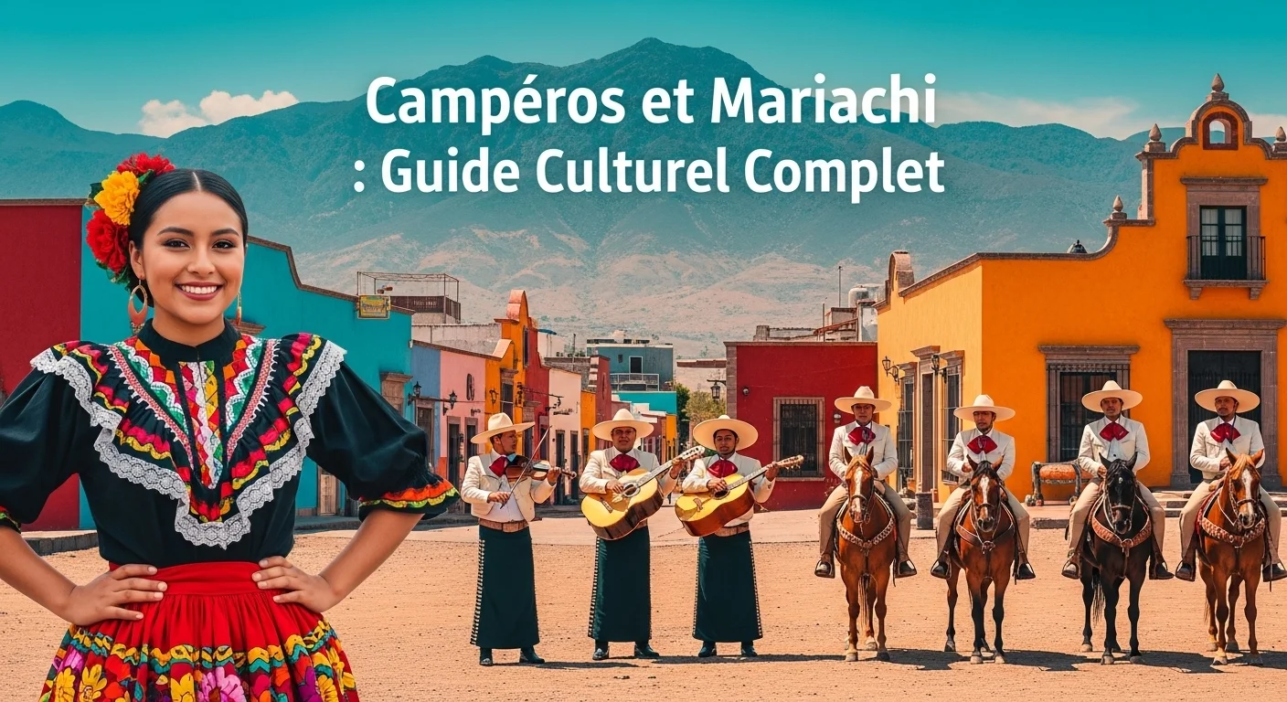 Paysage mexicain moderne avec des éléments culturels et touristiques sur Camperos