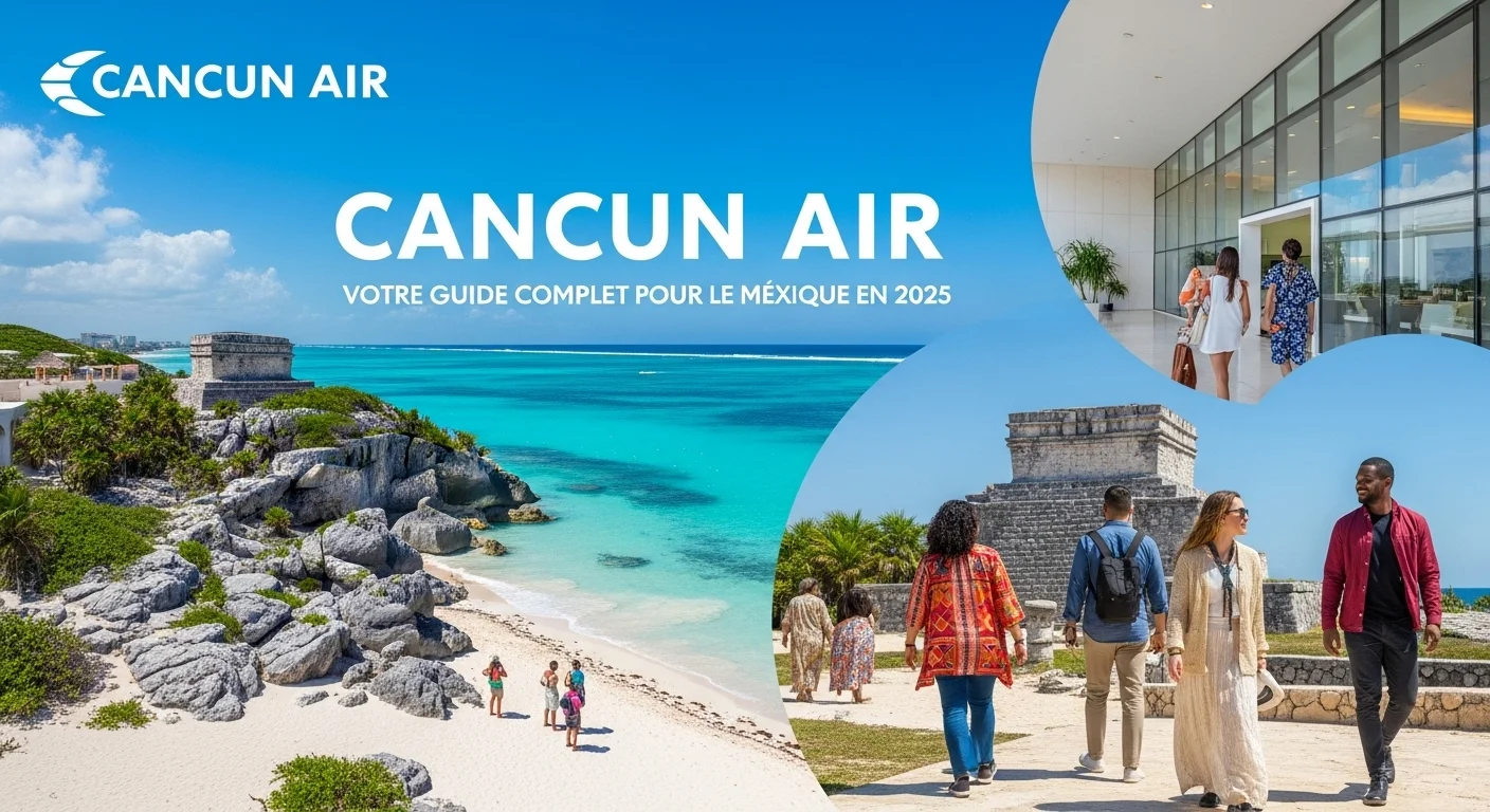 Paisaje mexicano moderno con elementos culturales y turísticos sobre Cancun Air