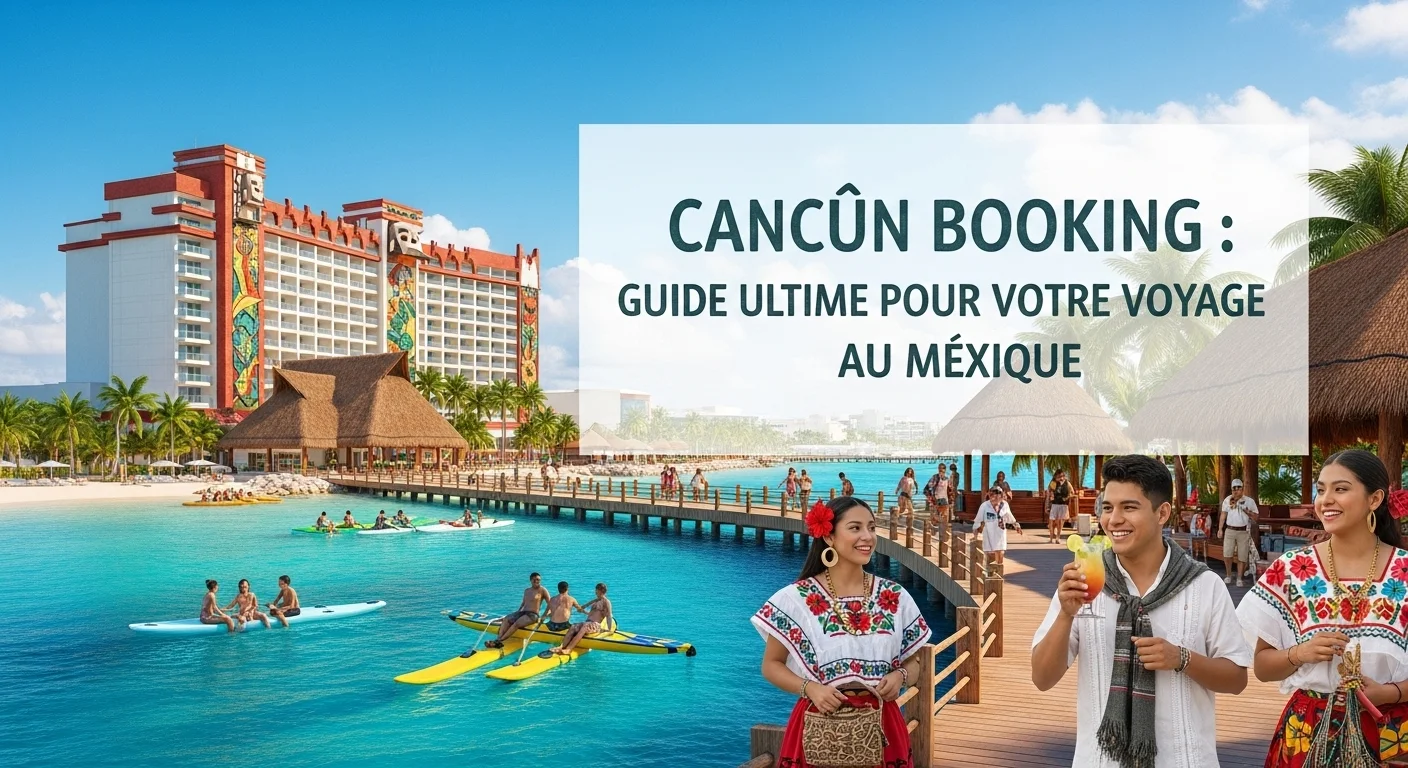 Paisaje mexicano moderno con elementos culturales y turísticos sobre Cancun Booking