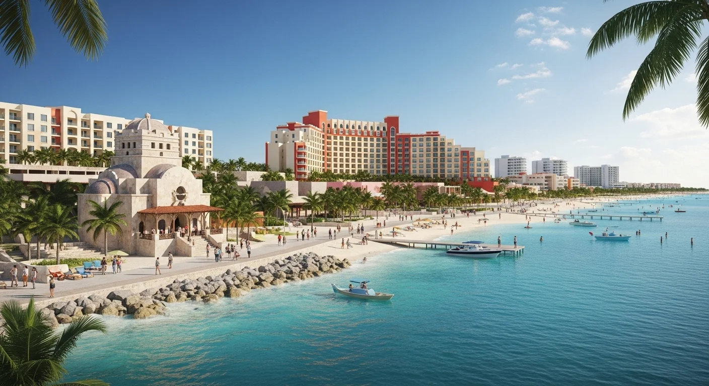 Paisaje mexicano moderno con elementos culturales y turísticos sobre Cancun Caribe