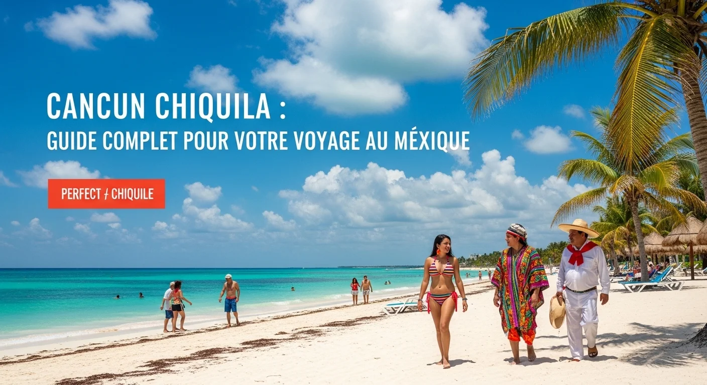 Paisaje mexicano moderno con elementos culturales y turísticos sobre Cancun Chiquila