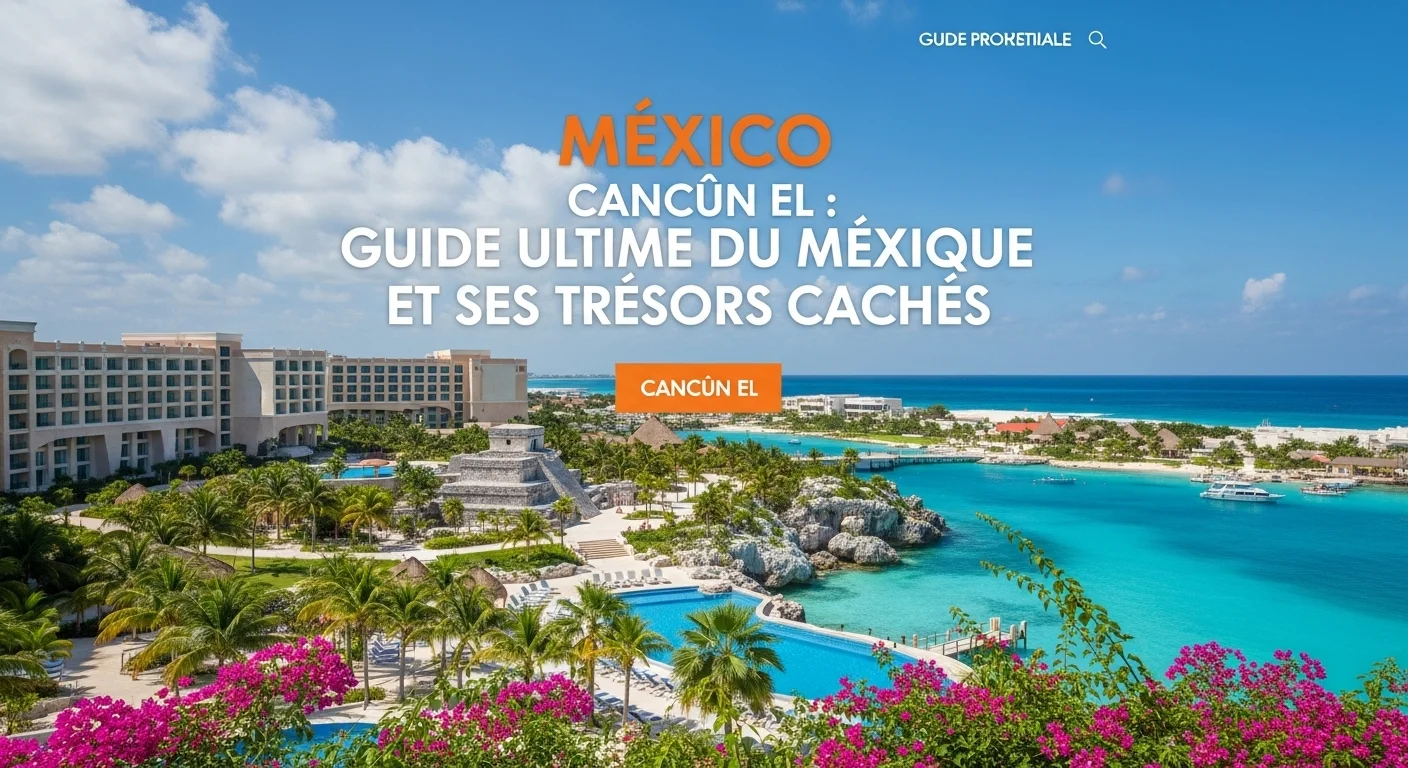 Paisaje mexicano moderno con elementos culturales y turísticos sobre Cancún El
