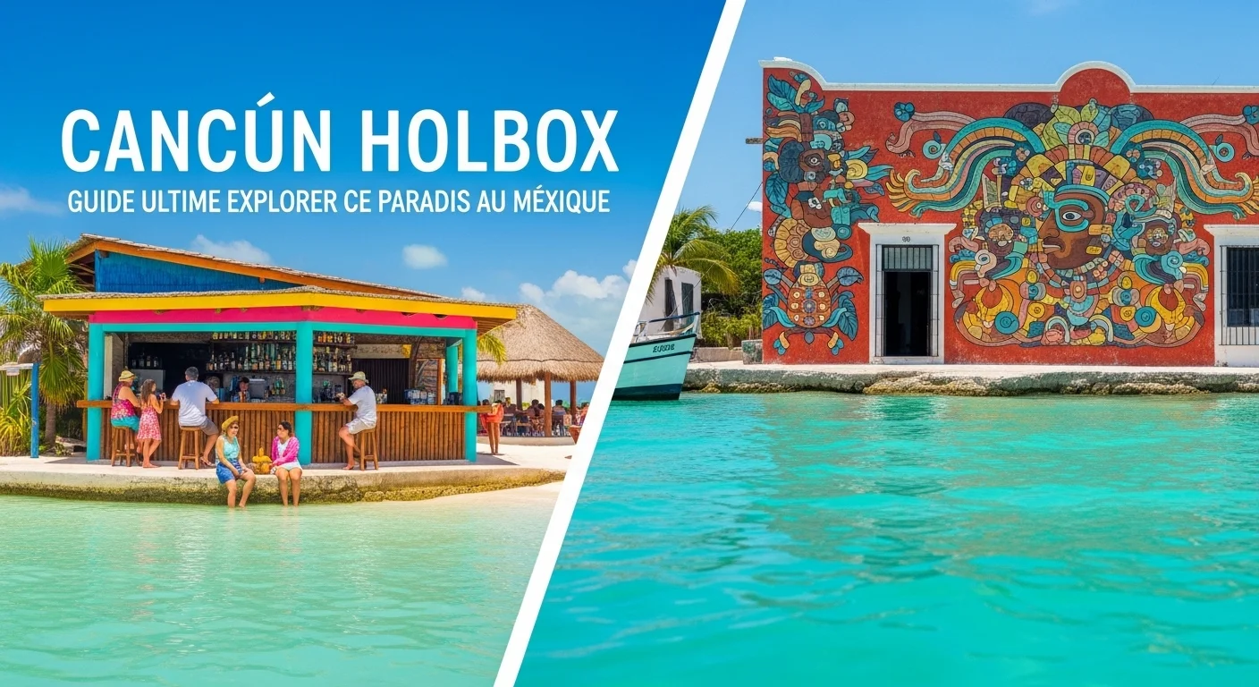 Paisaje mexicano moderno con elementos culturales y turísticos sobre Cancun Holbox