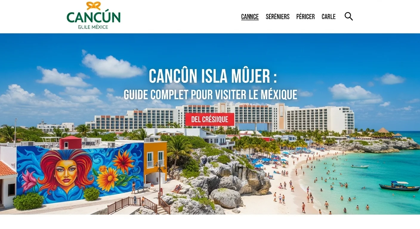 Paisaje mexicano moderno con elementos culturales y turísticos sobre Cancun Isla Mujer