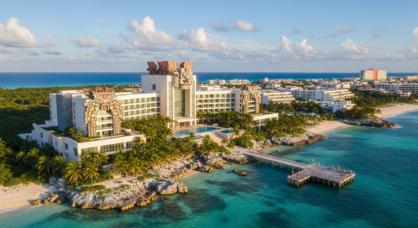 Paisaje mexicano moderno con elementos culturales y turísticos sobre Cancun Mexico