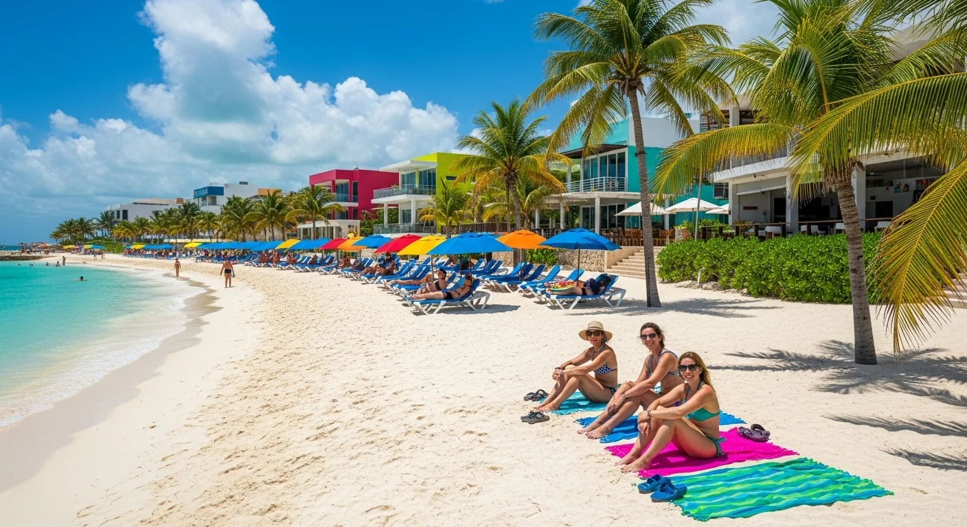 Paisaje mexicano moderno con elementos culturales y turísticos sobre Cancun Playa