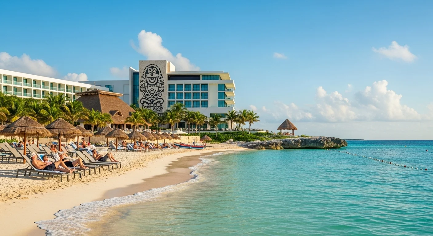 Paisaje mexicano moderno con elementos culturales y turísticos sobre Cancun Resort