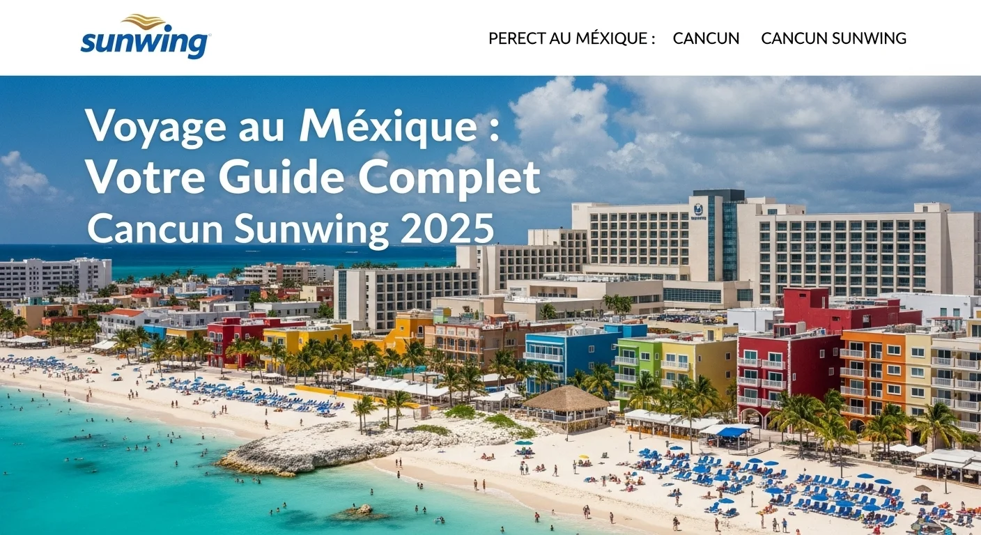 Paisaje mexicano moderno con elementos culturales y turísticos sobre Cancun Sunwing