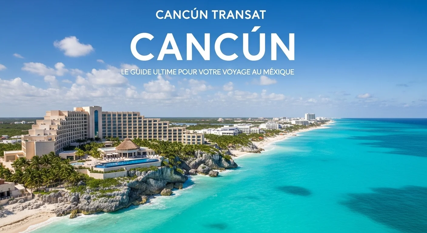 Paisaje mexicano moderno con elementos culturales y turísticos sobre Cancun Transat