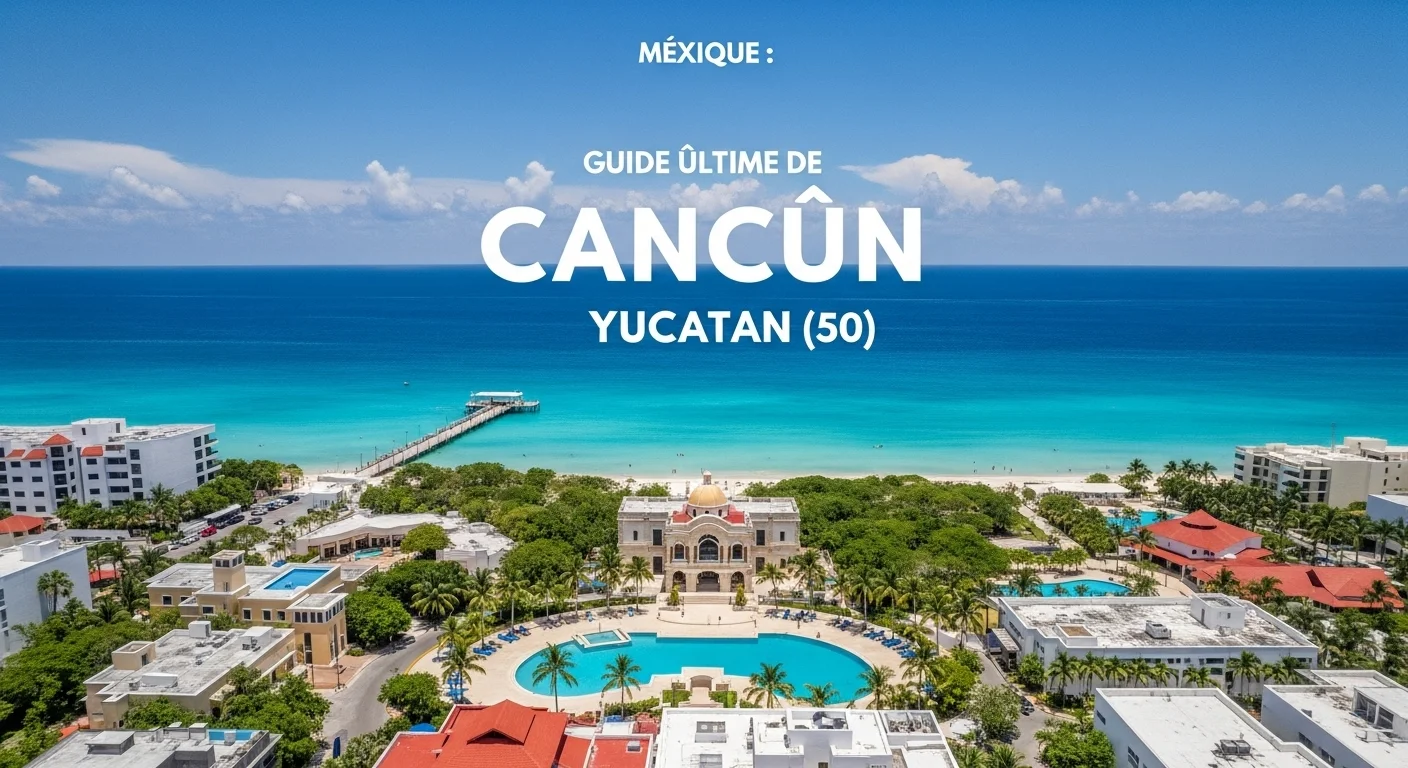 Paisaje mexicano moderno con elementos culturales y turísticos sobre Cancun Yucatan