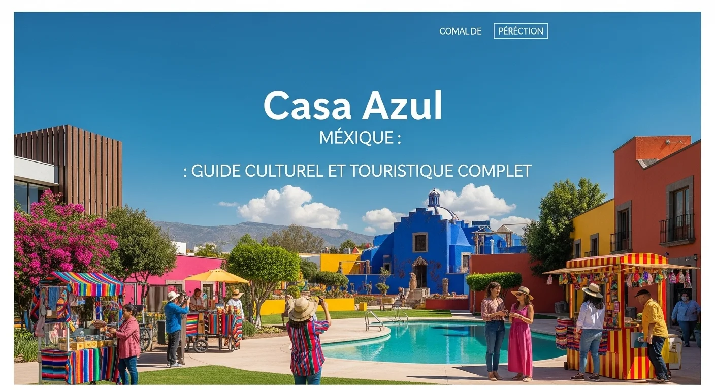 Paisaje mexicano moderno con elementos culturales y turísticos sobre Casa Azul