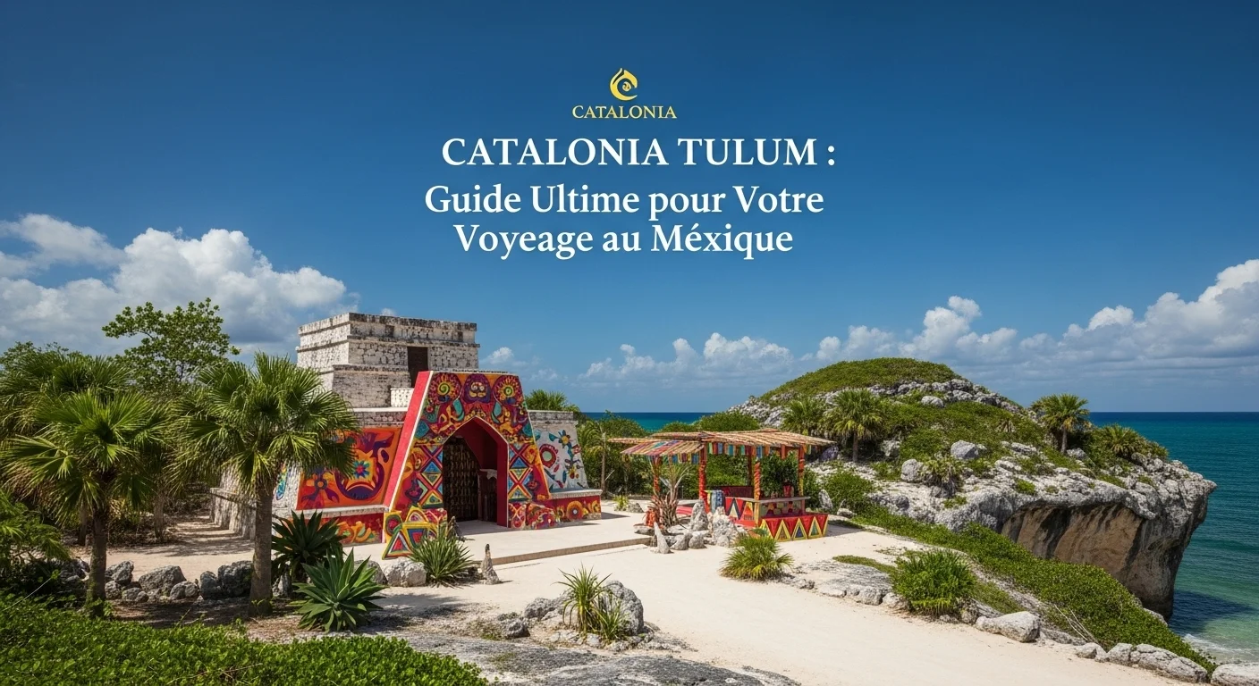 Paisaje mexicano moderno con elementos culturales y turísticos sobre Catalonia Tulum
