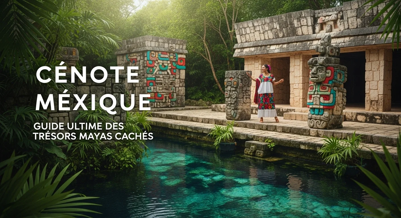 Paysaje mexicano moderno con elementos culturales y turísticos sobre Cenote