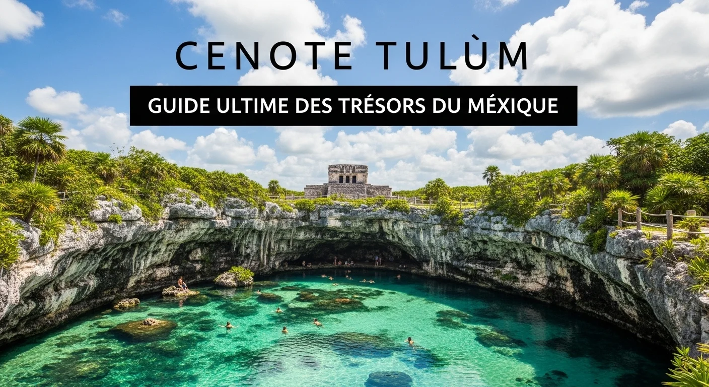 Paisaje mexicano moderno con elementos culturales y turísticos sobre Cenote Tulum