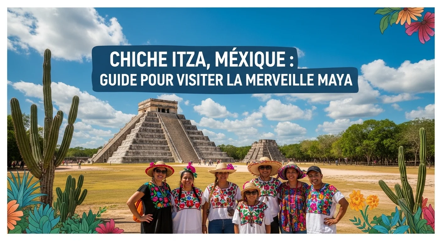 Paisaje mexicano moderno con elementos culturales y turísticos sobre Chichen Itza