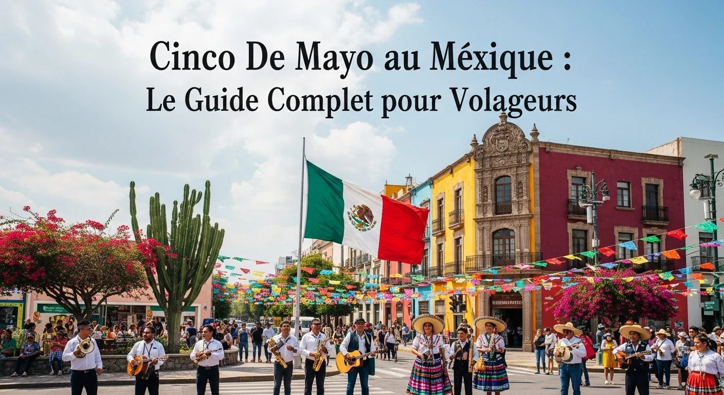 Paisaje mexicano moderno con elementos culturales y turísticos sobre Cinco De Mayo