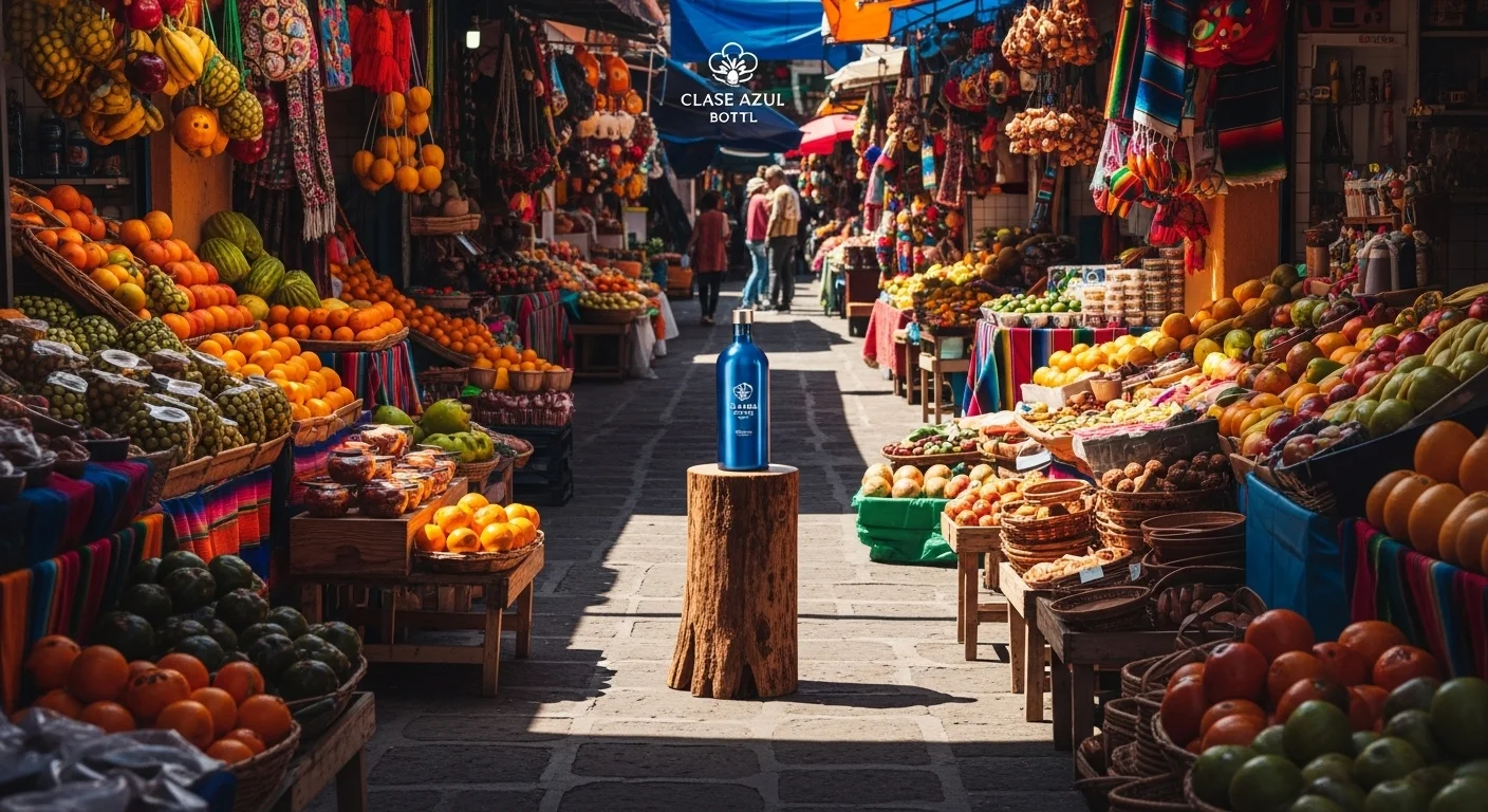 Paisaje mexicano moderno con elementos culturales y turísticos sobre Clase Azul Bottl