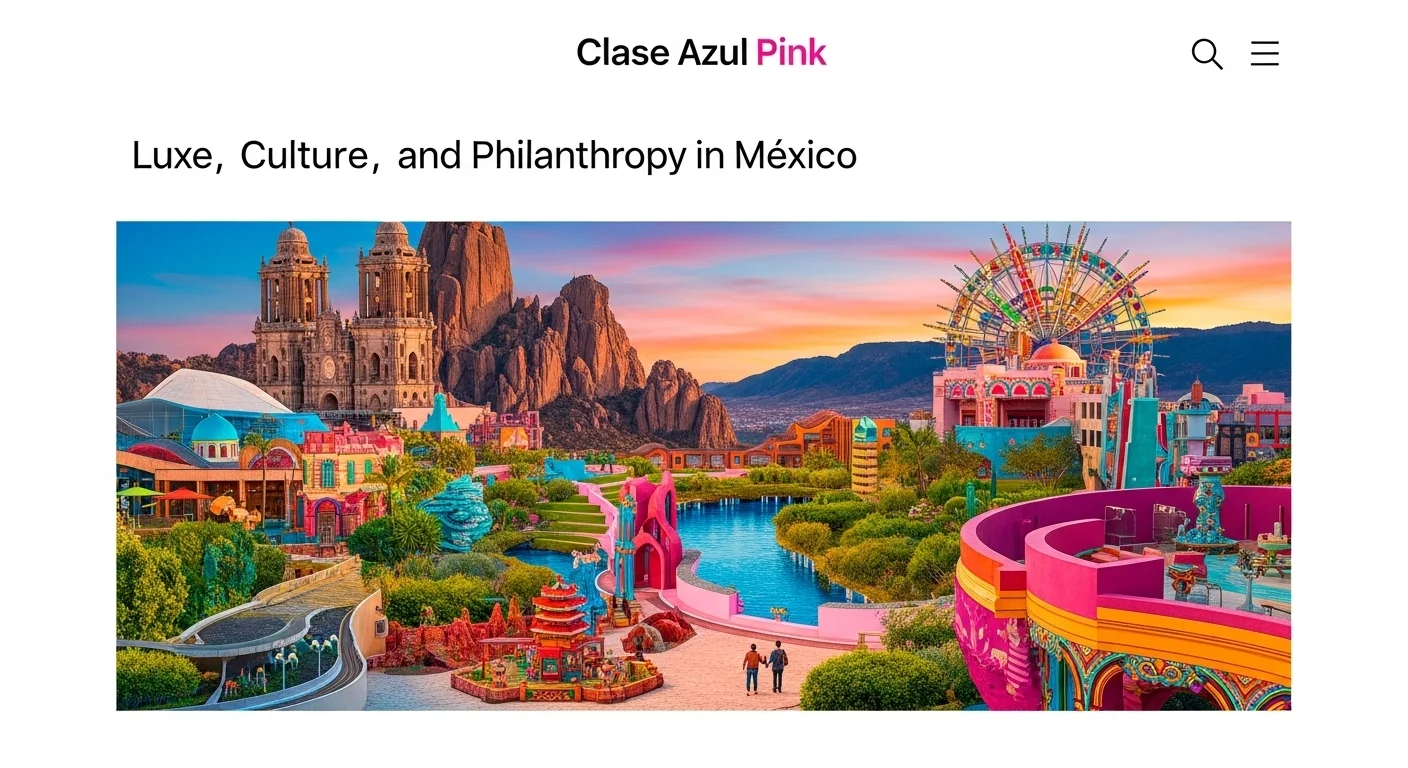 Paisaje mexicano moderno con elementos culturales y turísticos sobre Clase Azul Pink